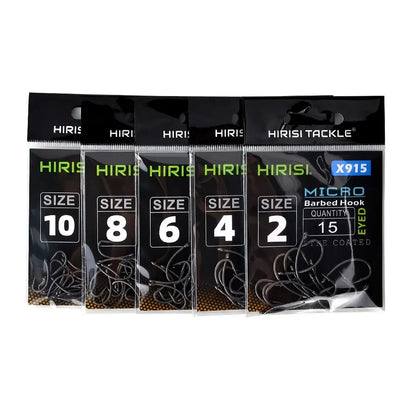 Hirisi 15x Carp Fishing Hooks With Eye Micro Barb High Carbon Steel Fish Hooks PTFE Coated Fishing Accessories X915
