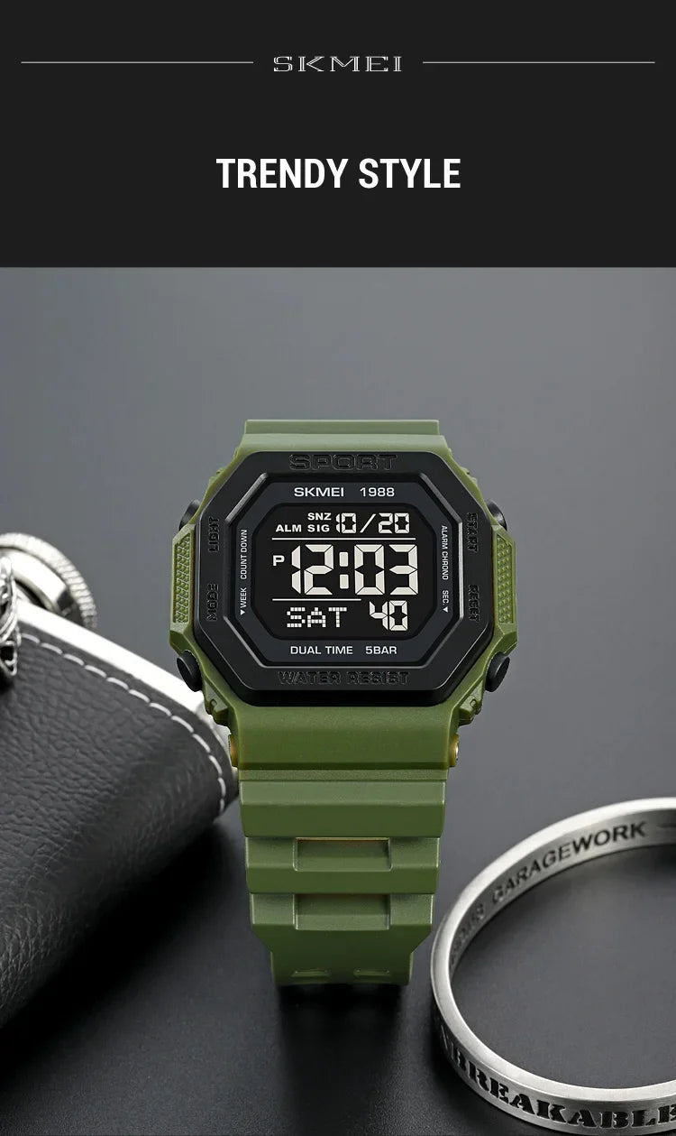 SKMEI 1988 Digital Sport Watch for Men LED Display Military Countdown Military Wristwatches Waterproof Mens Reloj Hombre 1628