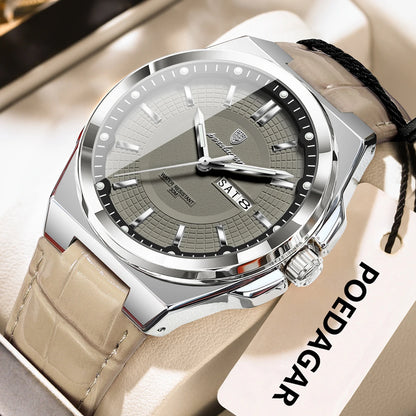 POEDAGAR Fashion Brand Man Wristwatch Waterproof Luminous Date Week Quartz Luxury Men's Watches Leather Business Men Watch Reloj