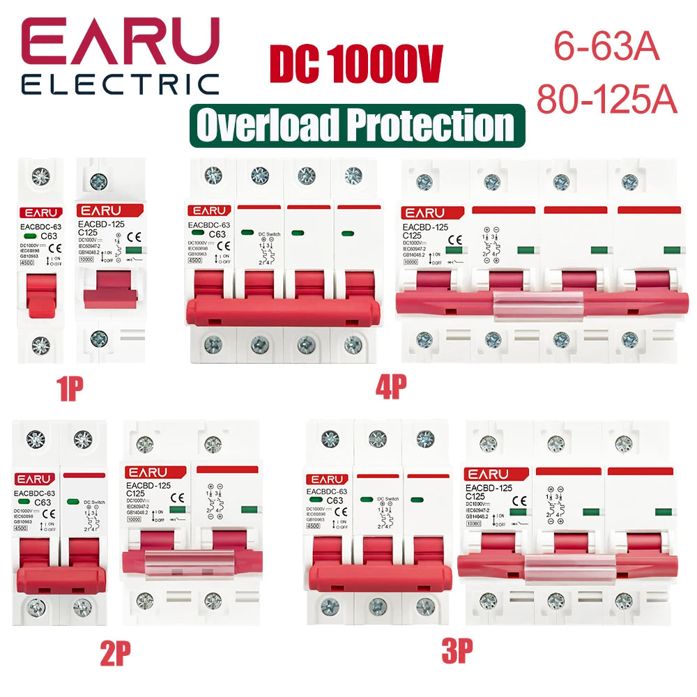 DC 1000V 1P 2P 3P 4P Solar Mini Circuit Breaker Overload Protection Switch6A~63A/80A 100A 125A MCB for Photovoltaic PV System