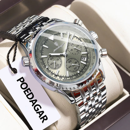 POEDAGAR Luxury Fashion Men Watch Stainless Steel Waterproof Luminous Quartz Male Clock Date Chronograph Military Men's Watches