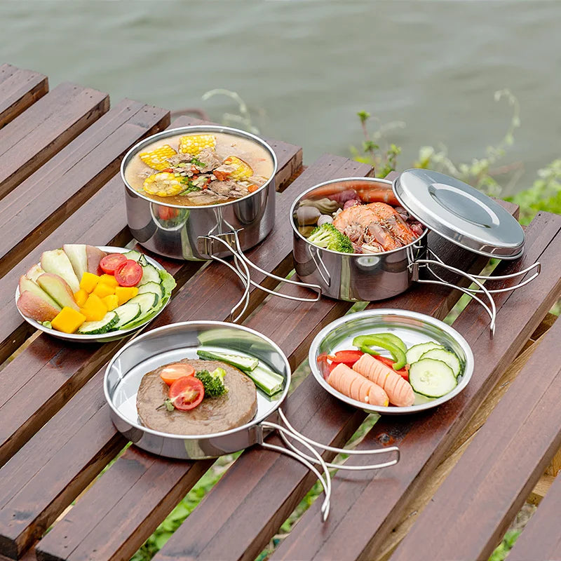 8pcs Stainless Steel Camping Cookware Mess Kit with Cooking Pot Pan Set Plates Cups for Outdoor Hiking Backpacking