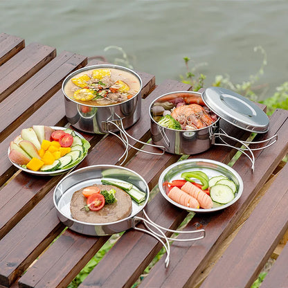 8pcs Stainless Steel Camping Cookware Mess Kit with Cooking Pot Pan Set Plates Cups for Outdoor Hiking Backpacking
