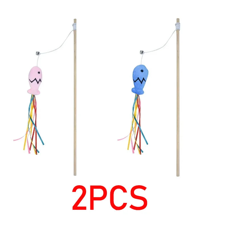 Fashion Cat Wand Toy Natural WoodenTeaser Wand for Cat Interactive Elastic String Cat Stick Pole Toy for Indoor