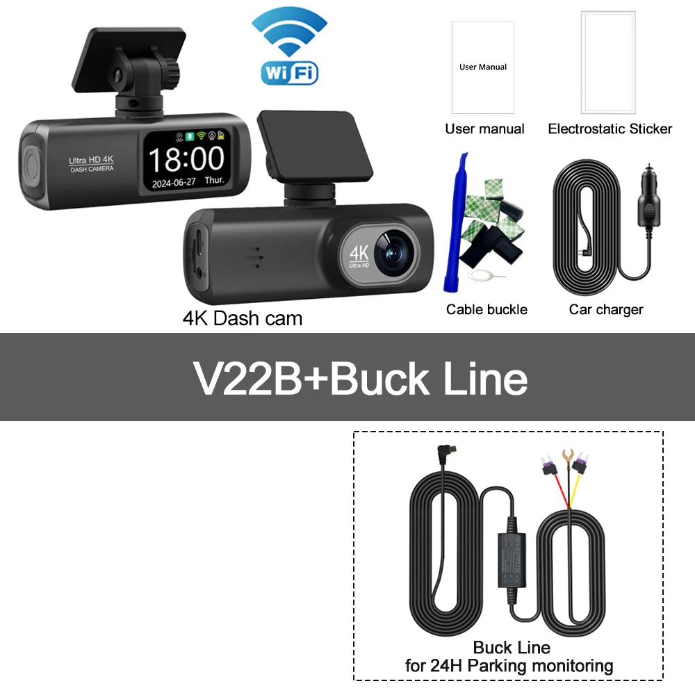 UHD 4K WiFi Dash Cam Dual Lens Driving Recorder Car DVR Optional 1080P Rear Lens Camera GPS 24H Parking Monitoring Black Box