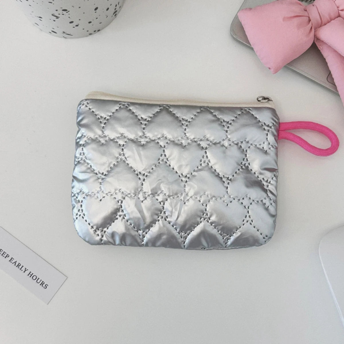 Silver Lingge Bow Pattern Coin Purses Small Canvas Coin Wallet Lady Girls Earphone Coin Key Money Storage Bag Zipper Pouch