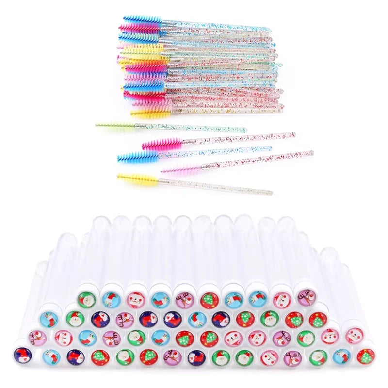 100/50pcs Christmas Eyelash Brush Tube Reusable Eyebrow Brushes Mascara Wand Dust-proof Storage Tubes Cosmetics Makeup Tools