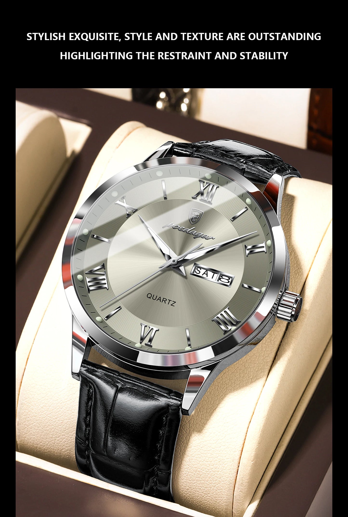 POEDAGAR Business Brand Men Clock Waterproof Luminous Date Week Fashion Man Wristwatch Leather Luxury Men's Quartz Watches Reloj