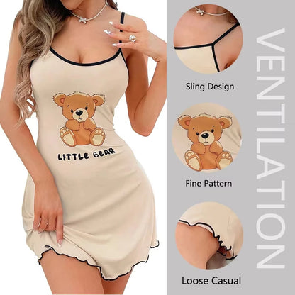 Womens Cute Little Bear Print Cami Nightgown Spaghetti Strap Sleep Dress Mini Lettuce Hem Contrast Trim Loungewear Y2K Style