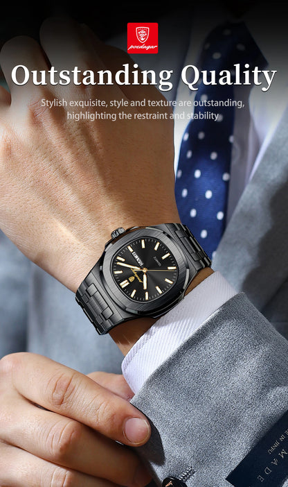 POEDAGAR Square Luxury Men's Wristwatch Luminous Waterproof Stainless Steel Male Clock Week Date Original Quartz Watches For Men