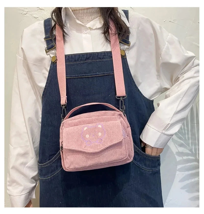 Personalized Teddy Bear Embroidered Diagonal Shoulder Bag, Corduroy Leisure Bag, WOMEN'S Crossbody Bag