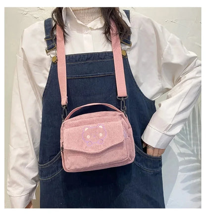 Personalized Teddy Bear Embroidered Diagonal Shoulder Bag, Corduroy Leisure Bag, WOMEN'S Crossbody Bag