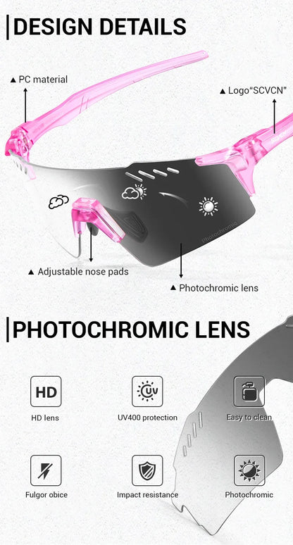 SCVCN Red Photochromic UV400 Sunglasses Cycling Glasses Sports for Men Mountain Bike Road Bicycle Eyewear Fashion Goggles MTB