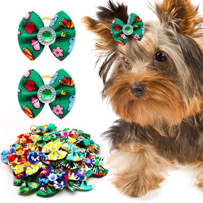 20pcs Dog Hair Bows Dog Bows with Diamond Colorful Grooming Rubber Band for Small Dog Pet Girls Grooming Hair Accessories