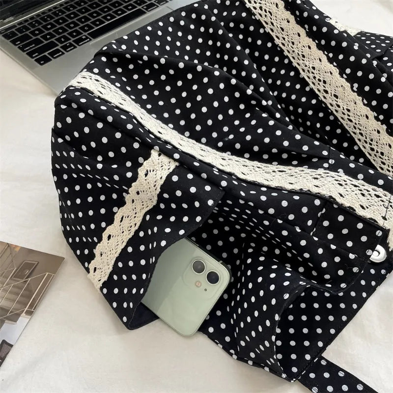Korean Vintage Canvas Shoulder Bag Women Cute Lace Large Capacity Tote Bag Multi Pocket Handbag Fashion Round Dot Underarm Bag