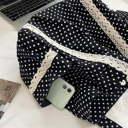 Korean Vintage Canvas Shoulder Bag Women Cute Lace Large Capacity Tote Bag Multi Pocket Handbag Fashion Round Dot Underarm Bag