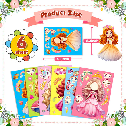 6-42Sheets Children DIY Puzzle Sticker Games 6 Princess Mermaid Make A Face Funny Assemble Jigsaw Stickers Kids Educational Toys