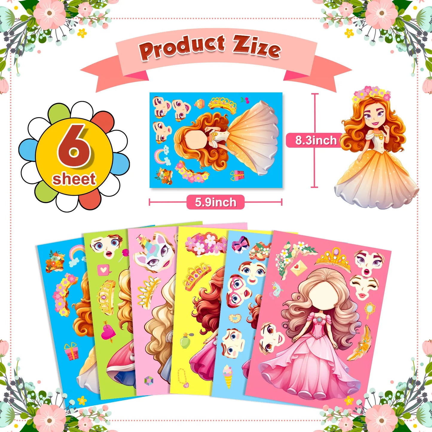 6-42Sheets Children DIY Puzzle Sticker Games 6 Princess Mermaid Make A Face Funny Assemble Jigsaw Stickers Kids Educational Toys