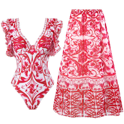 Blue One-Shoulder Ruffled Print Floral Swimsuit Set Cover Up Single Piece Micro Monokini Sexy Swimwear For Girls Summer Beach