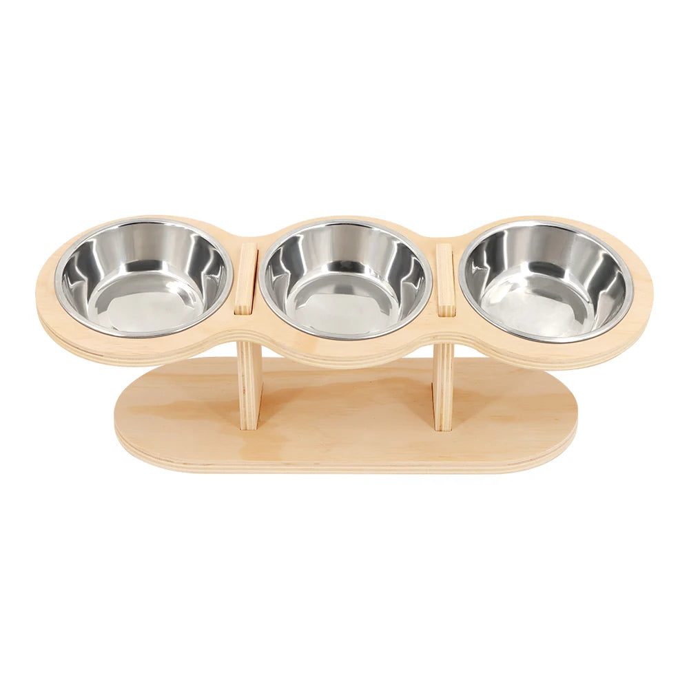 Raised Cat Feeder 3 Bowls in 1 Feeding & Watering Supplies 15° Raised Puppy 3 Stainless Steel Bowls Wood Stand Cats Accessories