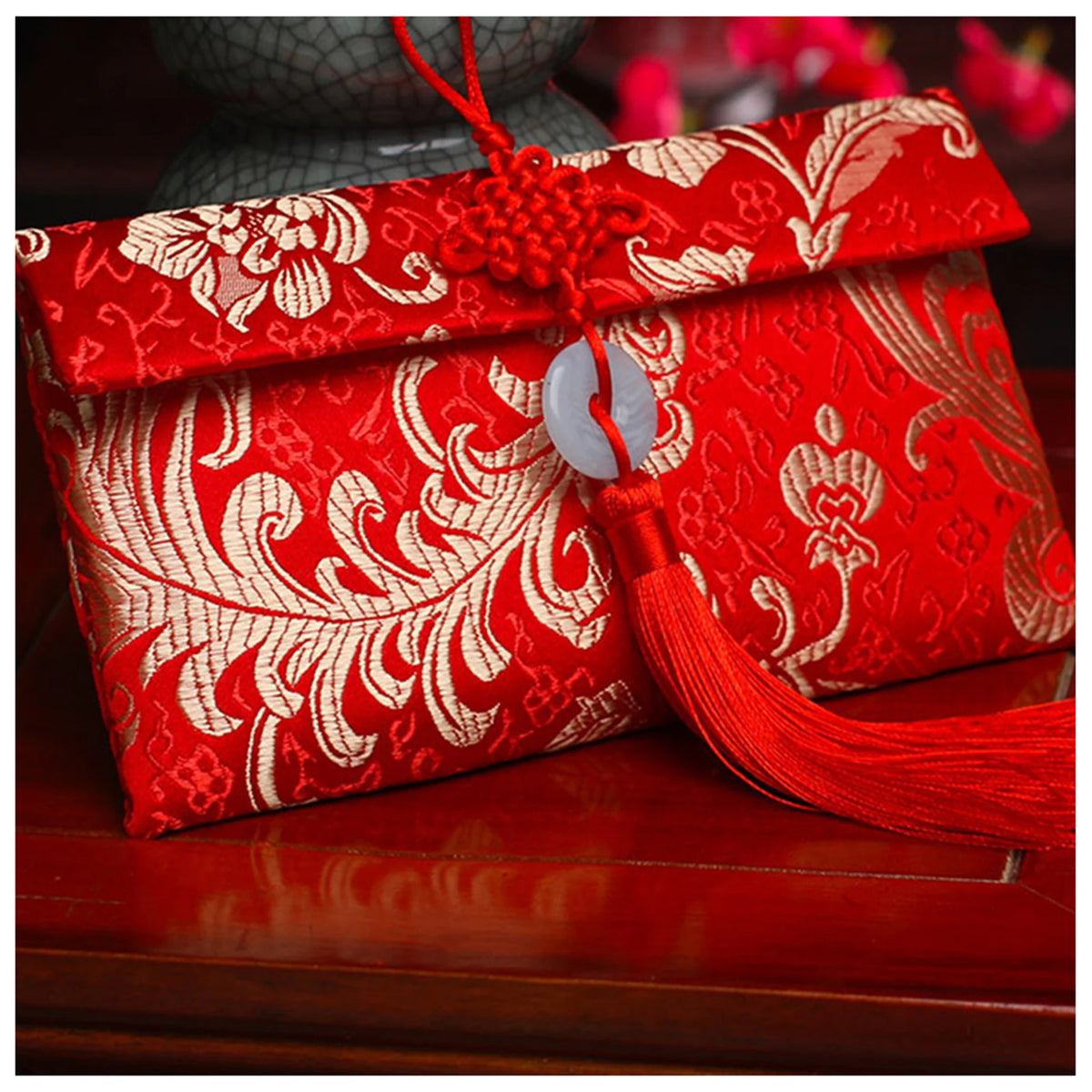 Chinese Style Brocade Red Envelope Bag Spring Festival Luck Red Packets Bag for Chinese Wedding Birthday Invitation Card Bag