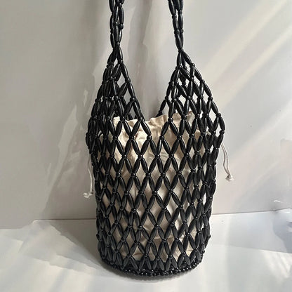 Women Woven hand bag summer design hollow-out wooden bead tote bucket shoulder bag female Reticulate netted canvas beach handbag