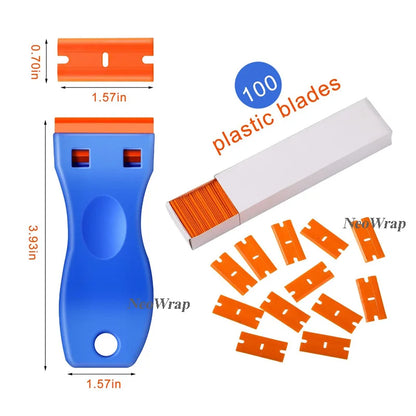Plastic Razor Blade Scraper with 100 Pcs Plastic Blades Window Cleaning Scraper for Removal Glue Labels Sticker on Car Glass
