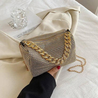 Allover Rhinestone Bucket Bag, Glitter Chain Prom Purse, Women's Mini Crossbody Bag