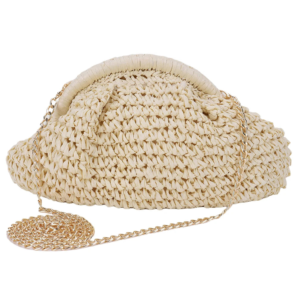 Women Straw Woven Bag Chain Strap Straw Clutch Purse Large Capacity Stylish Crossbody Bag Solid Color for Summer Beach