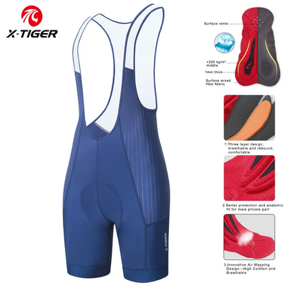 X-TIGER Men's Cycling Shorts Long Distance Riding Bib Shorts Pro Men's Cycling Shorts High Density Foam Cushion 5 CM Leg Gripper