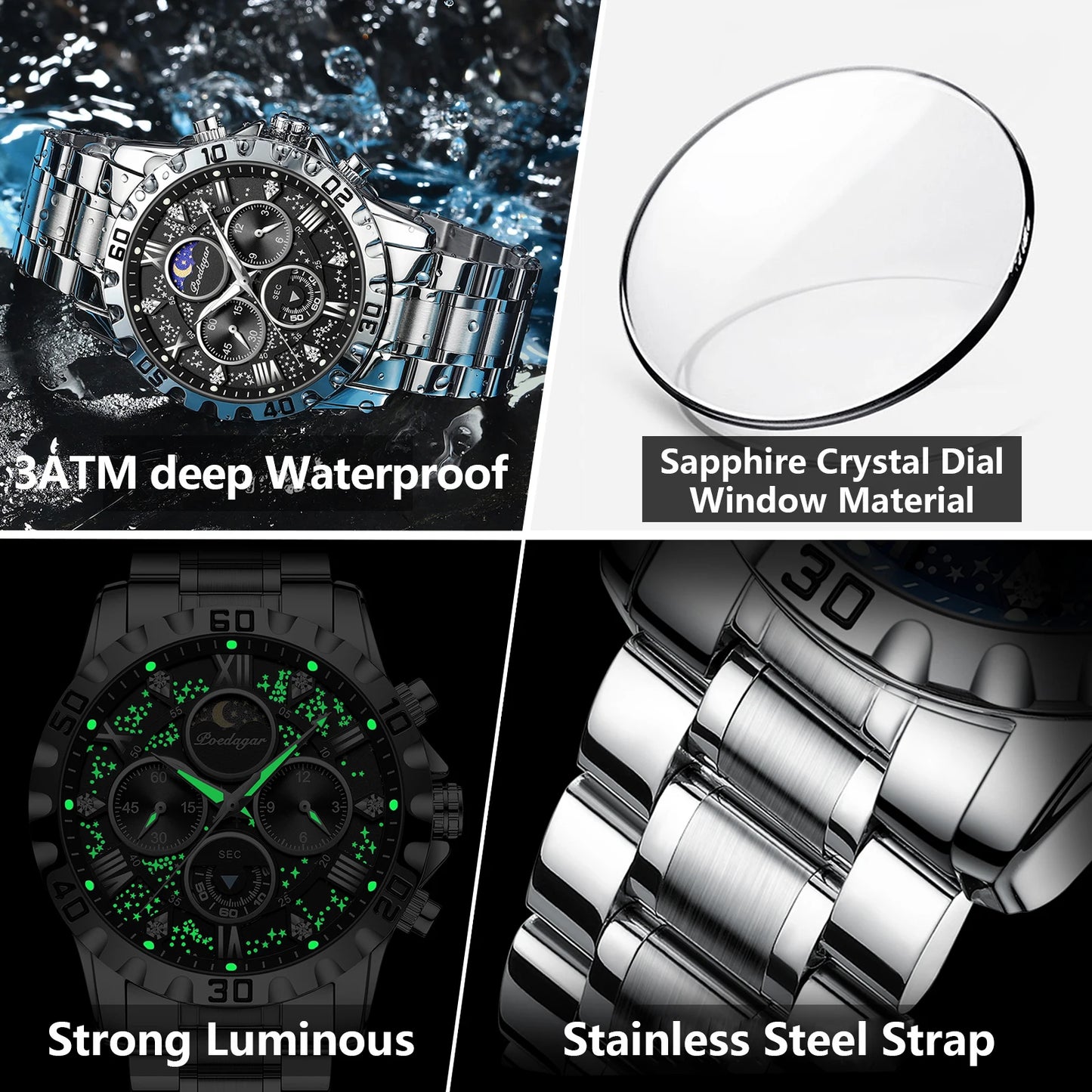 POEDAGAR Luxury Man Watch Waterproof Luminous Stainless Steel Quartz Men's Wristwatch Chronograph Military Watches For Men Reloj