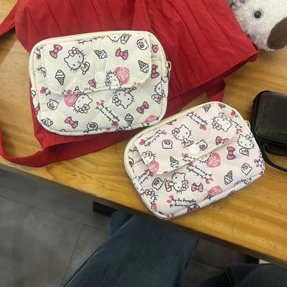 New Cute Sanrio Soft Cotton Embroidered Bow Zipper Women's Makeup Bag Cat Card Bag, Earphone Bag, Key Bag, CCD Storage Bag