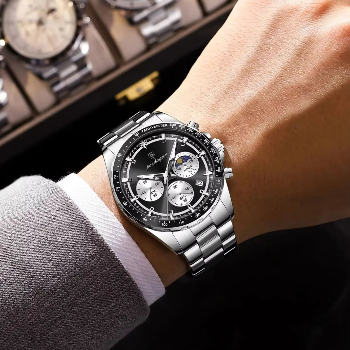 POEDAGAR Business Brand Man Wristwatch Waterproof Stainless Steel Luminous Men Watch Chronograph Date Men's Quartz Watches Reloj