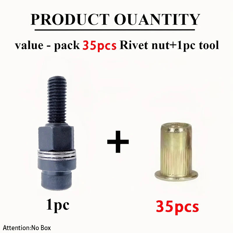36pcs Heavy-Duty Rivet Nut Kit W/Tools (M3-M12) Zinc-Coated RH Threaded for Car Repair/Furniture/License Plate/Renovation