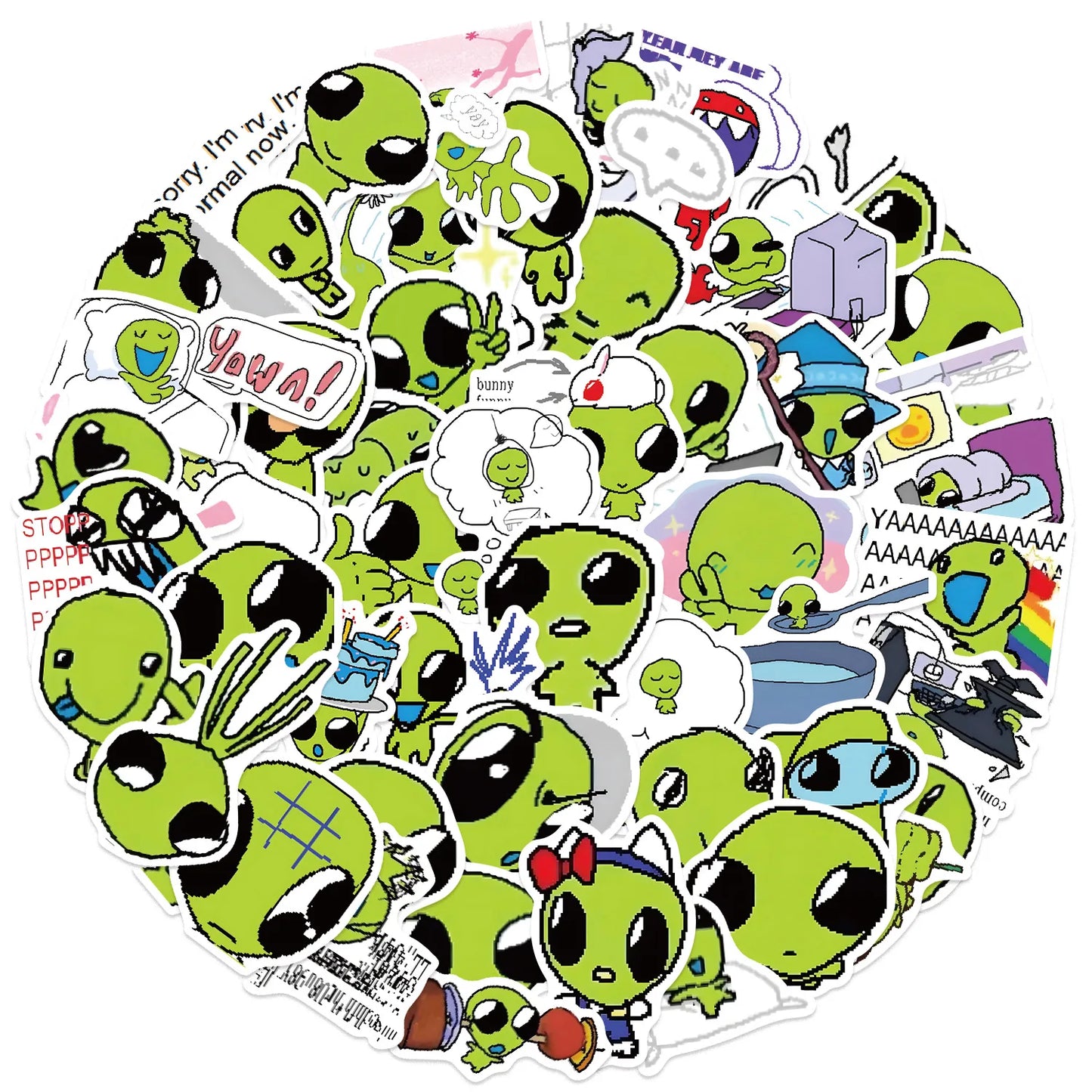 10/52pcs Green Alien Stickers DIY for Scrapbook Phone Guitar Laptop Suitcase Water Bottle Waterproof Decals Sticker Kids Toys