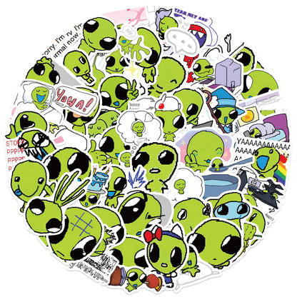 10/52pcs Green Alien Stickers DIY for Scrapbook Phone Guitar Laptop Suitcase Water Bottle Waterproof Decals Sticker Kids Toys