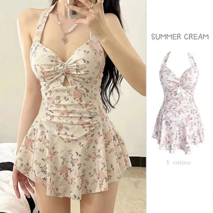 Swimming Suit for Women Solid Color Slimming One-piece Dress Style Conservative Waist Tightening Slimming Vacation Swimsuit