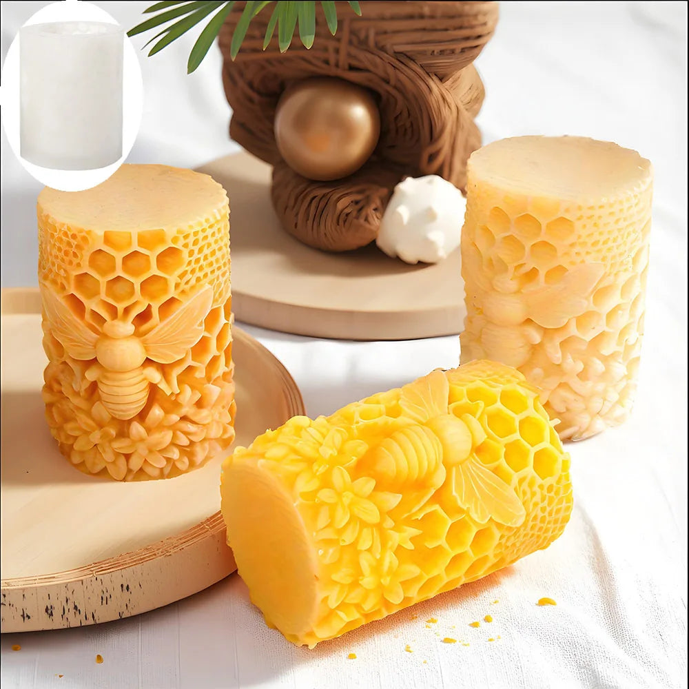 3D Honeycomb Pillar Candle Silicone Mold DIY Embossed Bee and Flower Honeycomb Cylinder Aromatherapy Candle Plaster Mold Decor