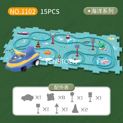 Children Puzzle Electric Railroad Speeder DIY Assembly Electric Car Automatic Rail City Scene Construction Education Toy Gift