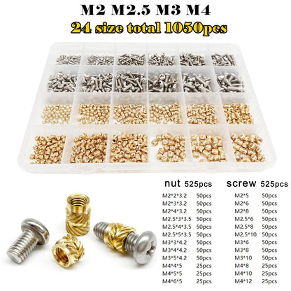 Brass Copper Embed Insert Nut Screw Kit Set M1.4M1.6 M2 M2.5 M3 M4 M5 M6 for Heat Melt Injection 3D Print Twill Knurled Thread