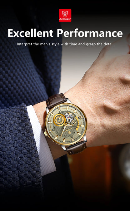 POEDAGAR Fashion Business Men Watch Waterproof Luminous Hollow Tourbillon Male Clock Automatic Mechanical Leather Men's Watches
