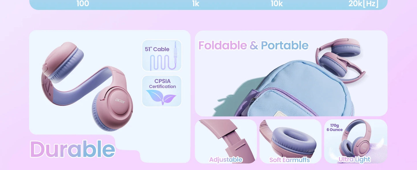 Acer HK03 Kids Wired Headphones for School 85/94dB Volume Limiter 3.5mm Jack Foldable Stereo Sound Headset for Girls Boy Gifts