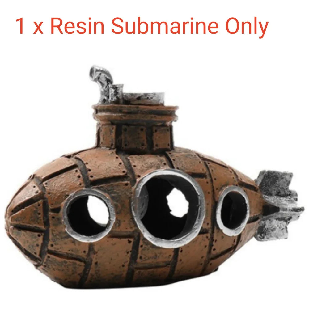 Aquarium Decoration Set Resin Submarine & Volcano Air Bubbler Fish Tank Ornaments Landscape Accessories for Betta Shrimp Decor