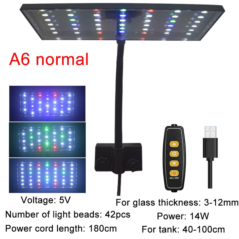 USB Aquarium LED Light Full Spectrum Aquatic Plant Grow Lamp Fish Tank Adjustable Brightness Dimmable Timed 360° Rotatable Light
