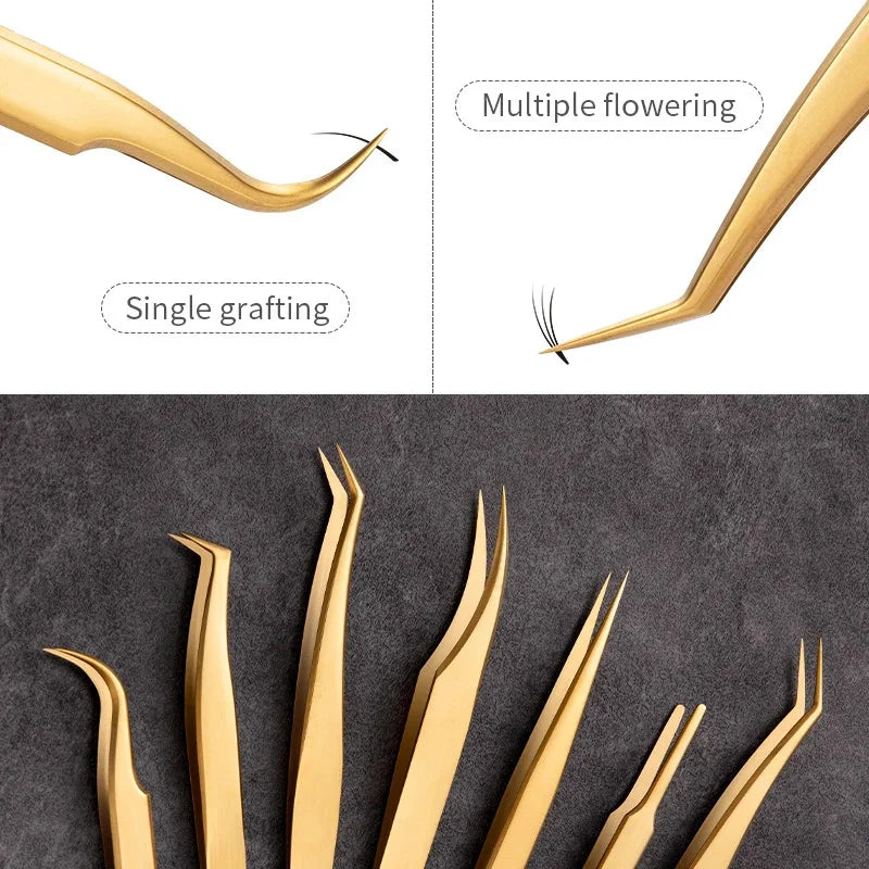 6PCS False Eyelash Tweezers Set For Fake Fan Lashes Extensions Planting Eyebrow Clip Eyelashes Tongs Makeup Nail Tools Kit