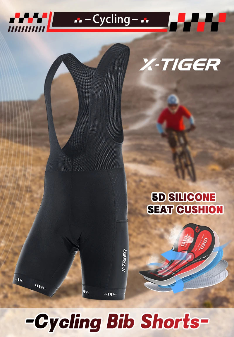 X-TIGER Men's Cycling Bike Bib Short with Phone Pockets 5D Padded Shockproof Breathable Quick-Dry Biking Bicycle Bib Tights