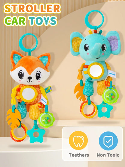Soft Hanging Crinkle Squeaky Sensory LearningToy Stroller Car Seat Crib Travel Plush Animal Wind Chime with Teether Boys Girls