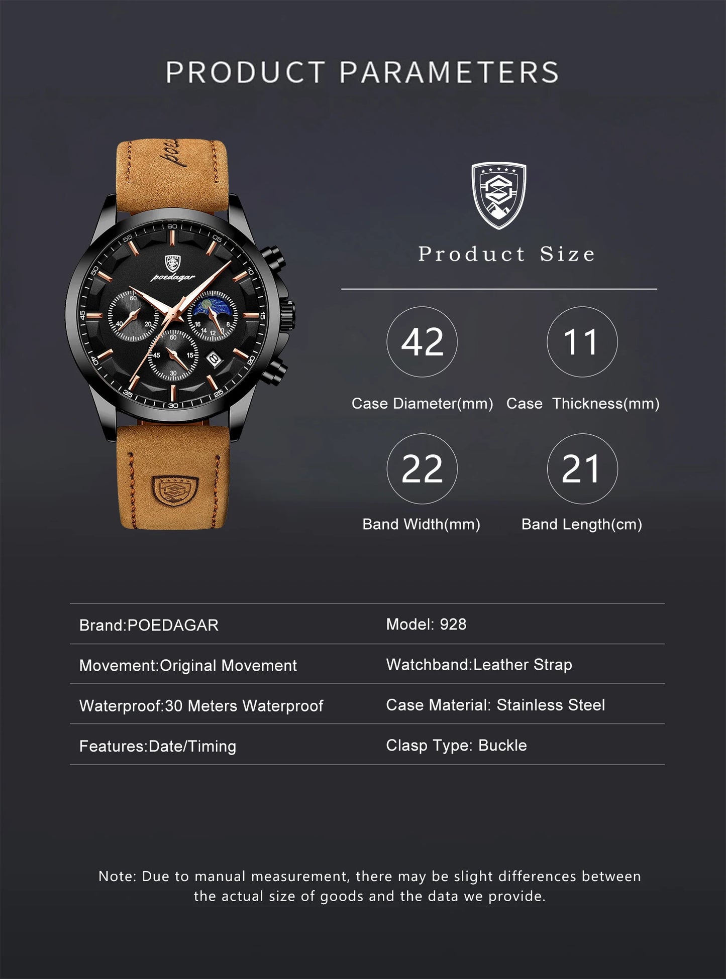 POEDAGAR Original Military Men Clock Waterproof Luminous Leather Quartz Man Watch Chronograph Date Luxury Business Men's Watches