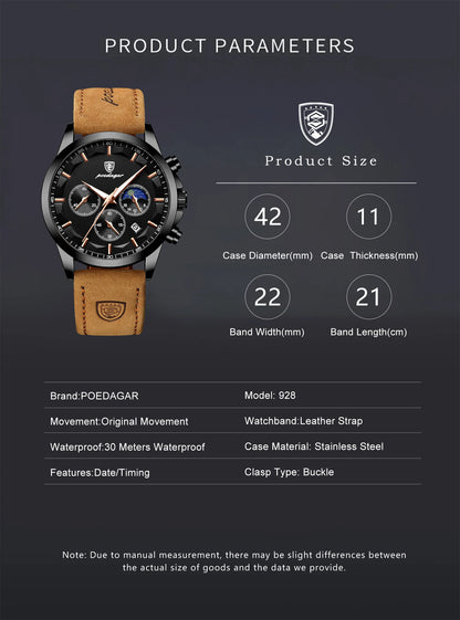 POEDAGAR Original Military Men Clock Waterproof Luminous Leather Quartz Man Watch Chronograph Date Luxury Business Men's Watches