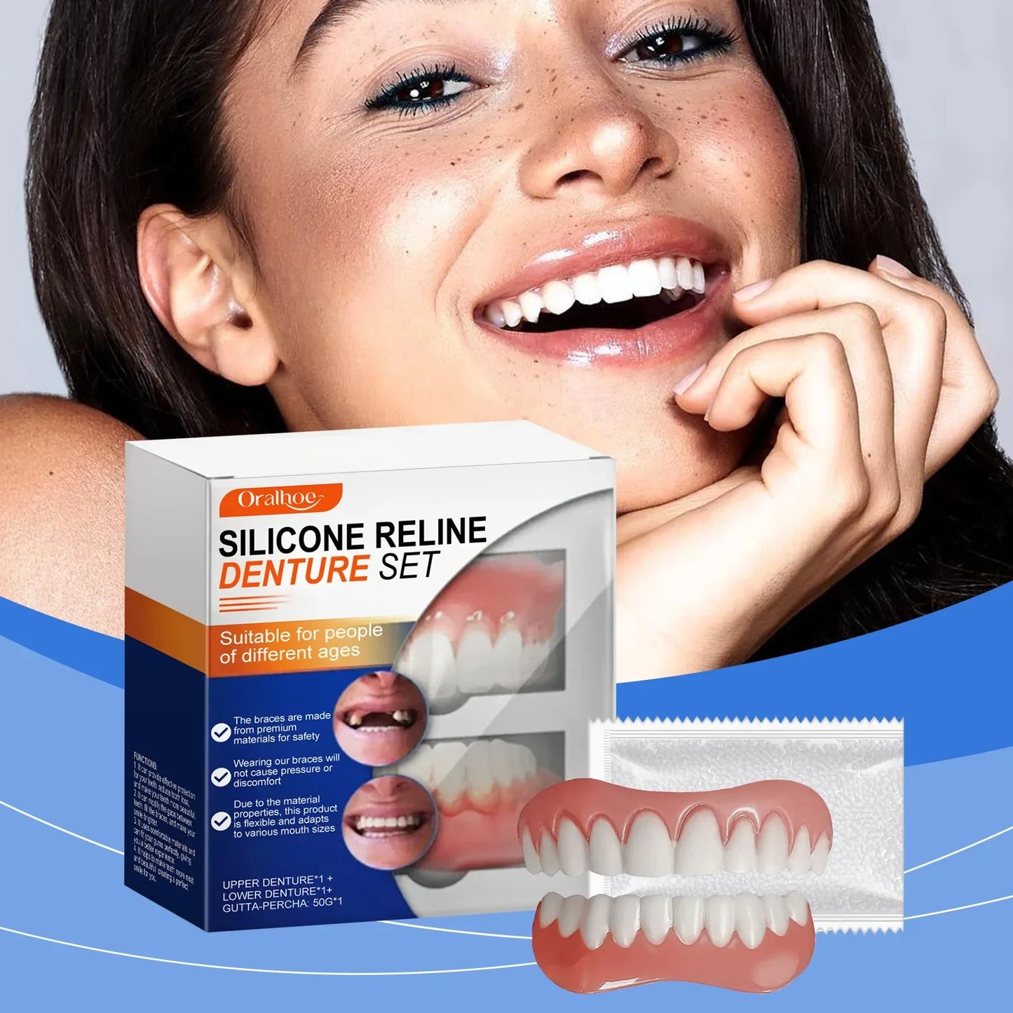 Flexible Silicone Dental Liner Kit, Soft Comfort Upper Lower Denture Set, Practical Easy Wear Braces for Daily Use